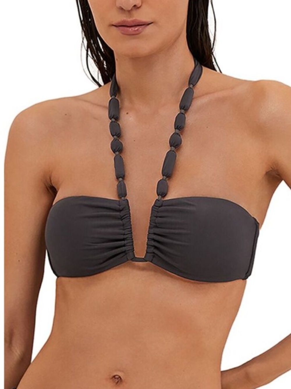 Bandless Beaded Halter Bikini Top - Charcoal